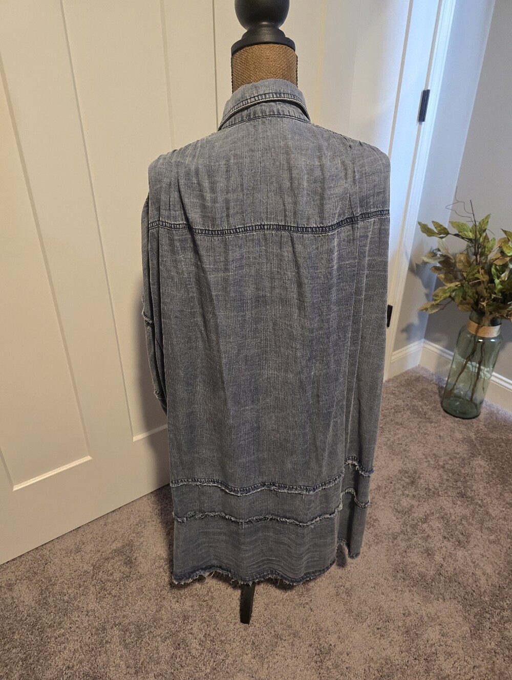 Frayed Denim Button-Up Shirt Dress - Washed Blue - Picture 2 of 5
